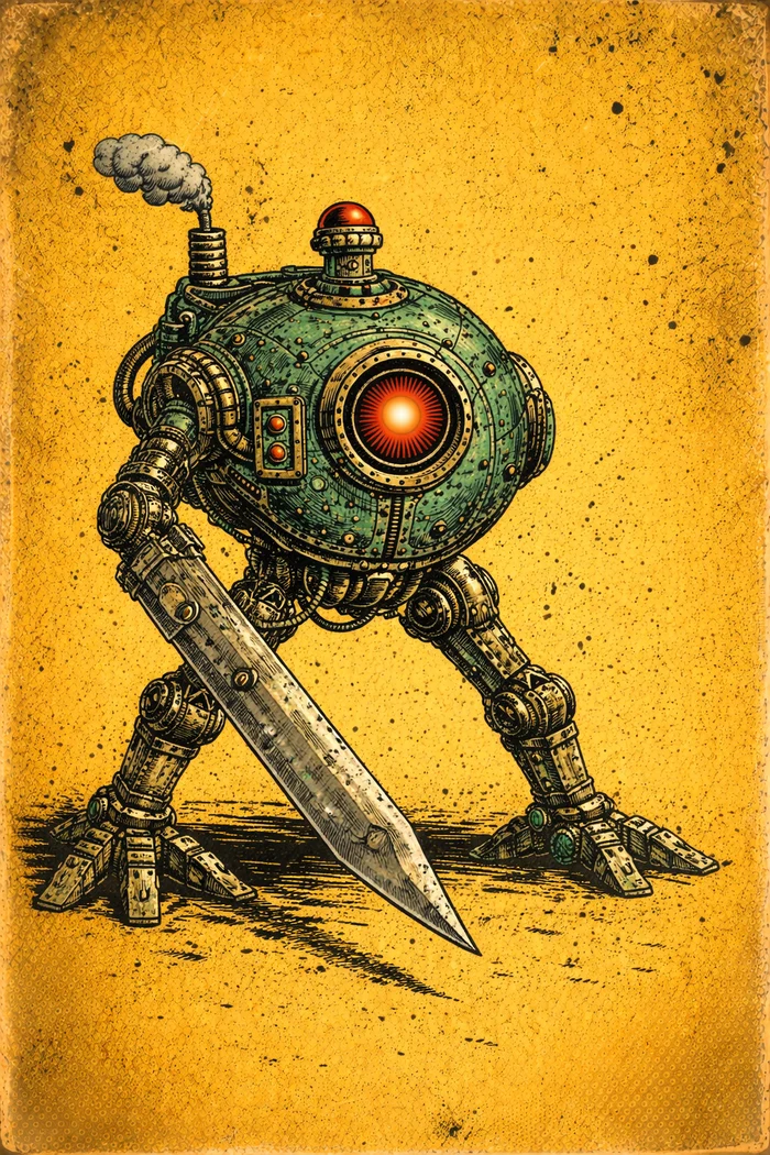 A towering two-legged robot rendered in weathered comic-book ink and colour.