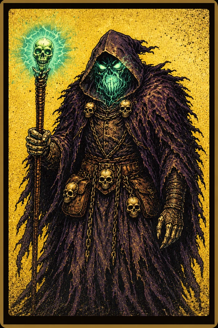 A purple-robed catacomb wraith with a green skull against a golden backdrop.