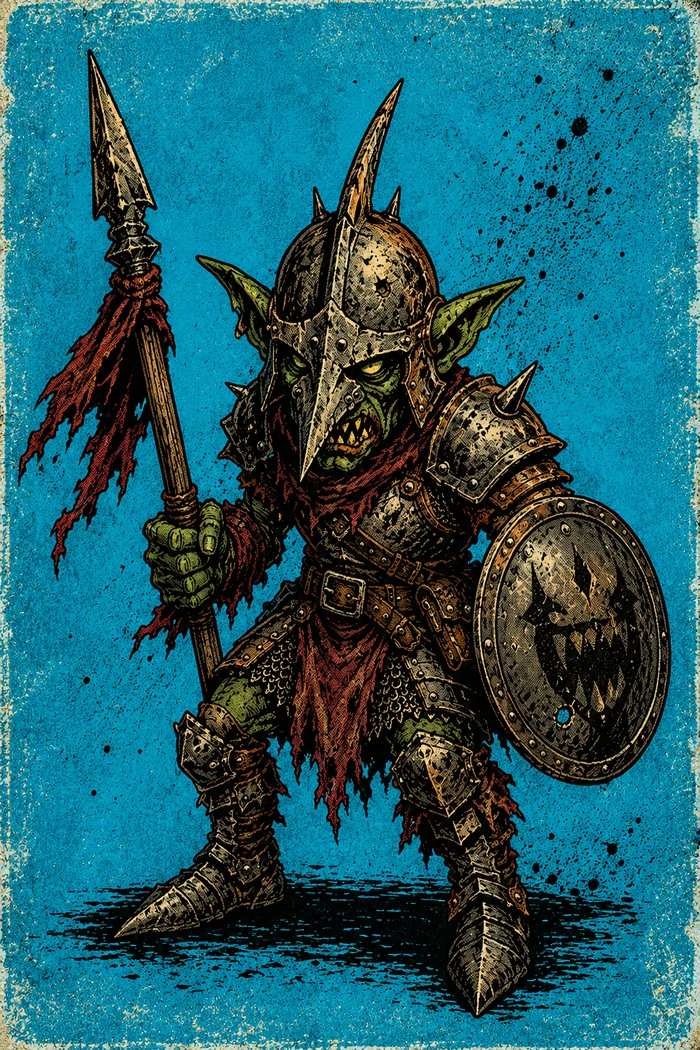 An armed goblin knight in the game’s vivid pulp fantasy artwork.
