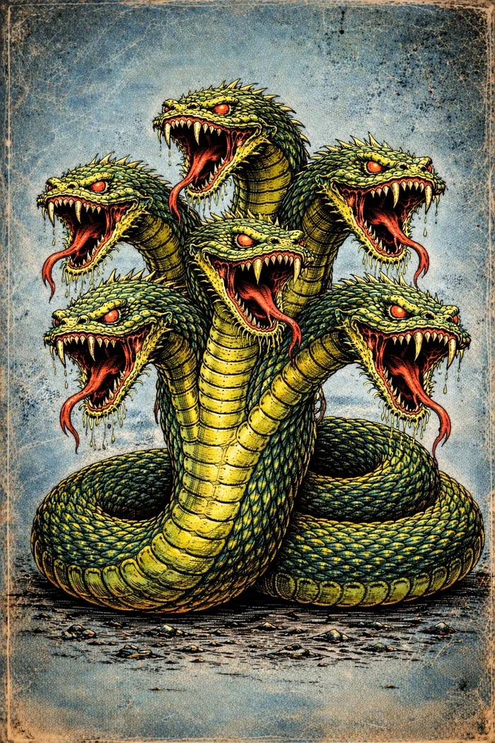 A many-headed green hydra bares its fangs in a richly inked pulp-comic illustration.