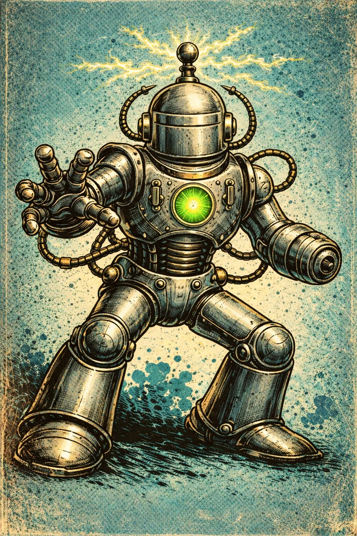 A weathered robot in an illustration from A Knight’s Fury.