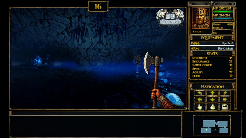 First-person exploration of a blue-lit crystal cavern.