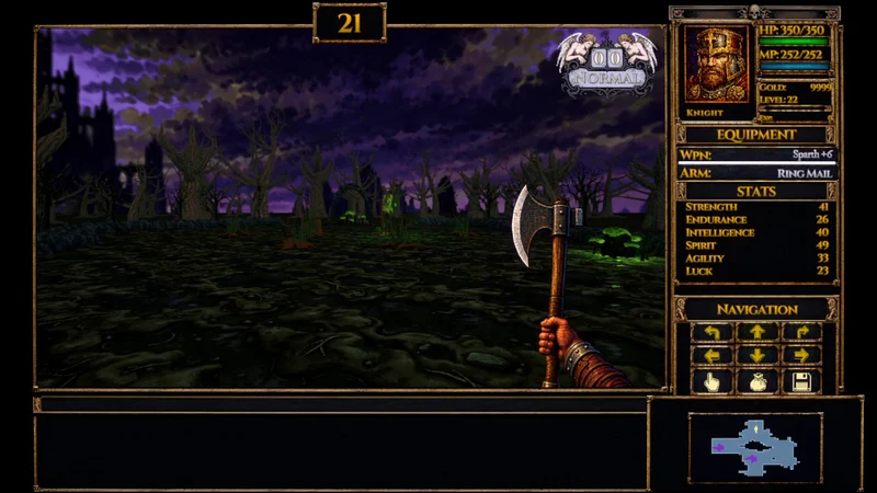 Exploring a dark swamp beneath a purple sky.