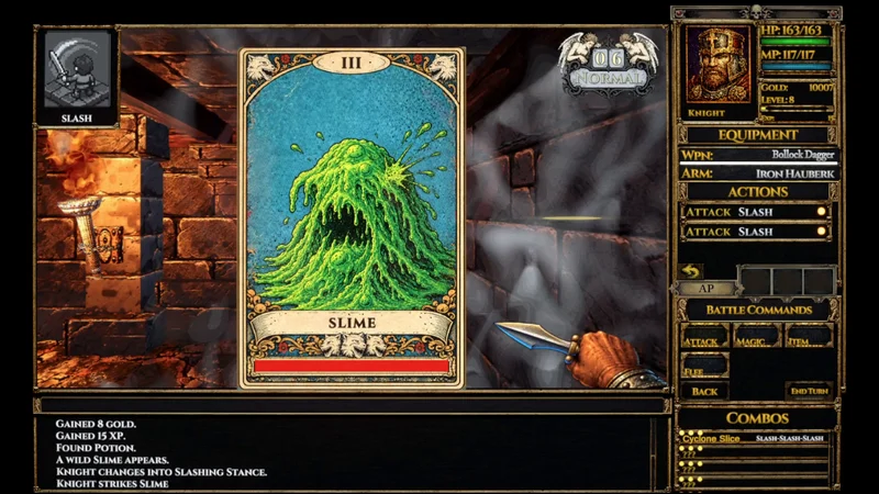 A slime in one-on-one first-person combat.