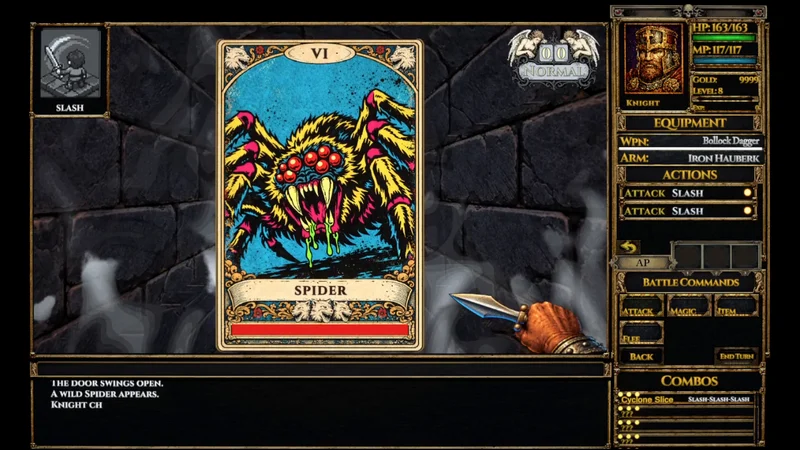 A giant spider encounter with the combat interface visible.